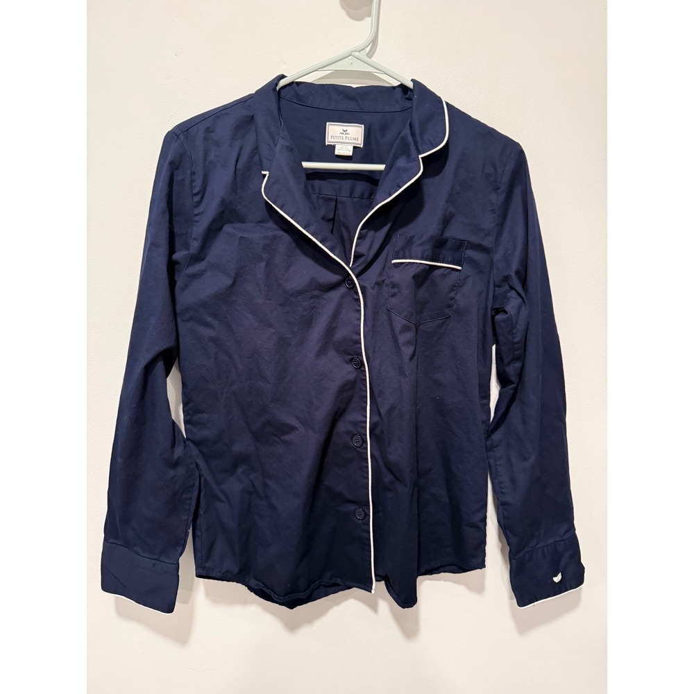 Petite Plume Womens Small Navy Blue Cotton Pajama Top White Piping Sleep Shirt